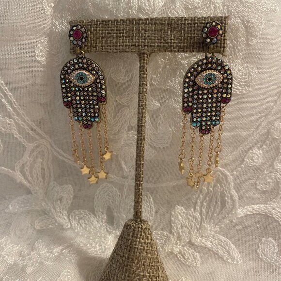 Betsy Johnson Hamsa Evil Eye Statement Earrings – Crystal & Star Chain Drop - Picture 2 of 3